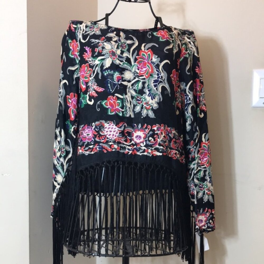 NWT Topshop Black Floral Long Sleeve Top with Fringes on Waist and Sleeves